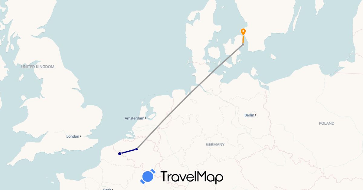 TravelMap itinerary: driving, plane, hitchhiking in Belgium, Denmark, France (Europe)